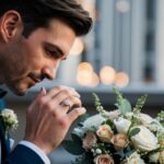 Um homem olhando para sua aliança de casamento enquanto segura um buquê de flores