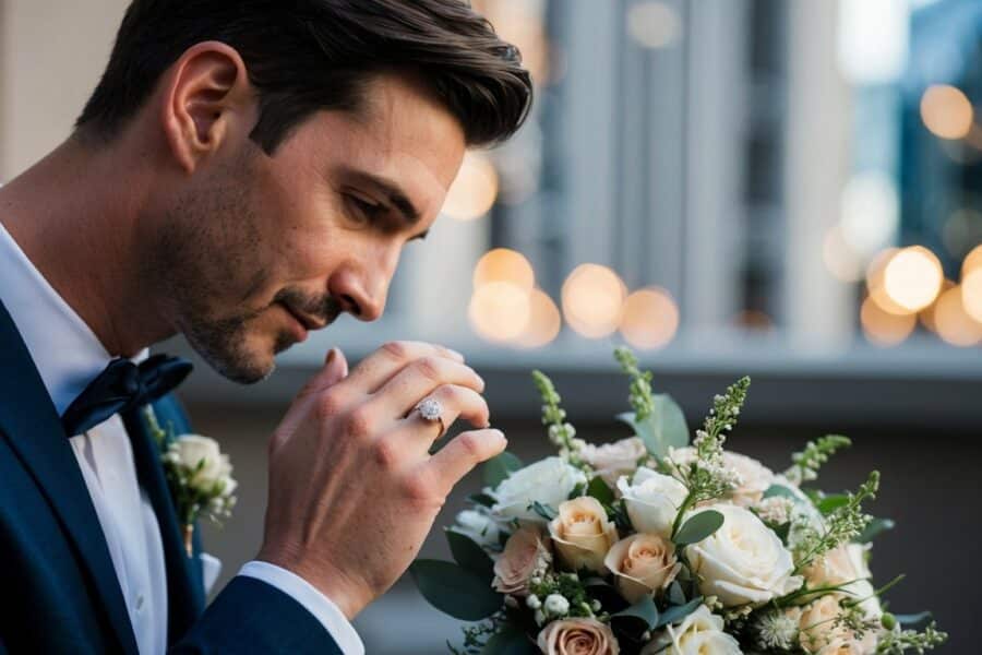 Um homem olhando para sua aliança de casamento enquanto segura um buquê de flores