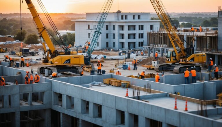 Um canteiro de obras movimentado com trabalhadores operando máquinas pesadas e construindo edifícios.