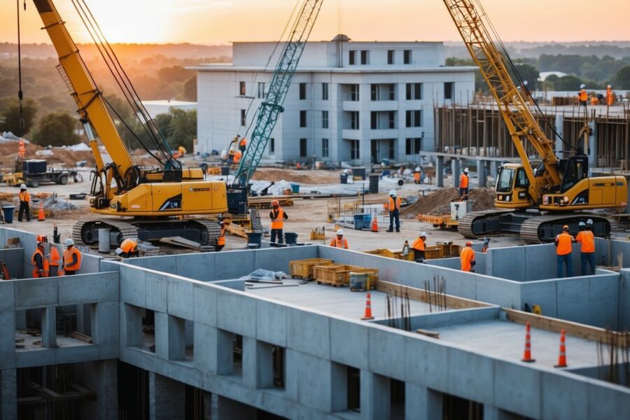 Um canteiro de obras movimentado com trabalhadores operando máquinas pesadas e construindo edifícios.