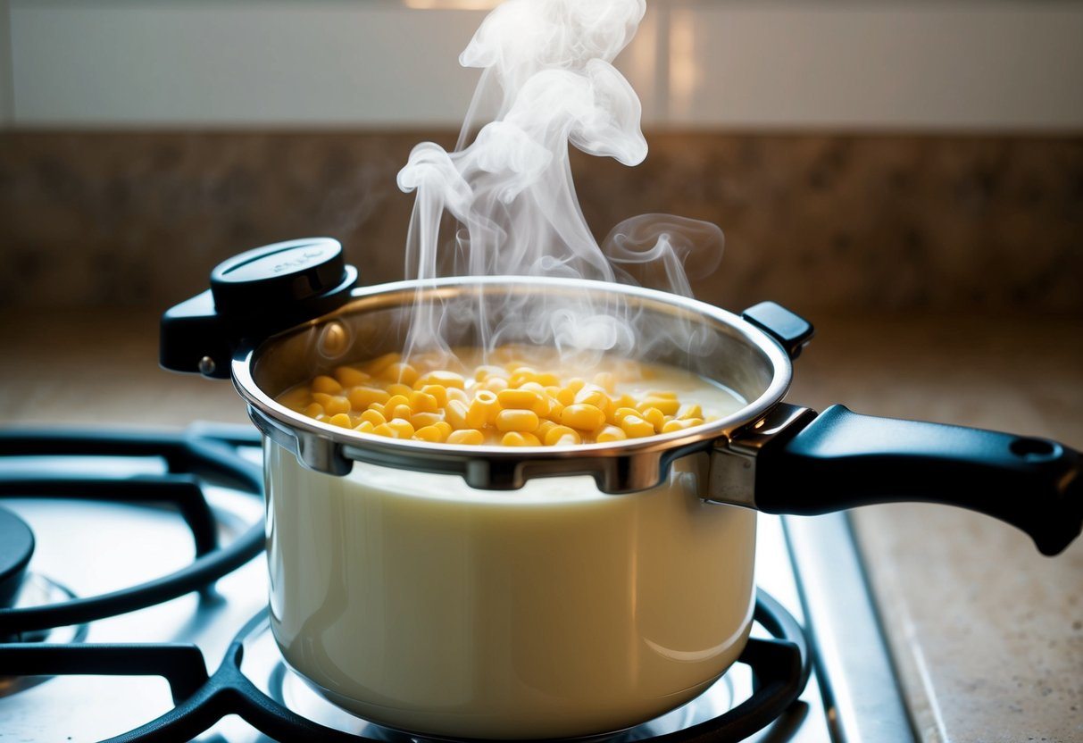Uma panela de pressão no fogão, vapor escapando da válvula enquanto grãos de milho e leite cozinham lentamente dentro.