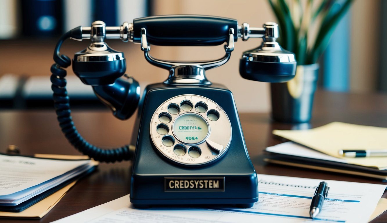 Um telefone vintage com o rótulo "Credsystem 4004" está em uma mesa, cercado por papéis e uma caneta.
