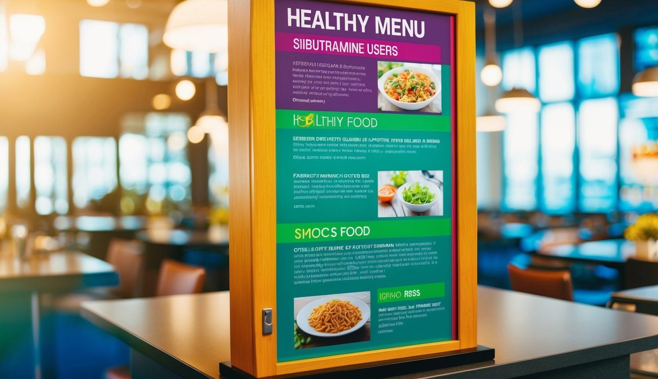 Um quadro de menu colorido com imagens de opções de alimentos saudáveis para usuários de sibutramina