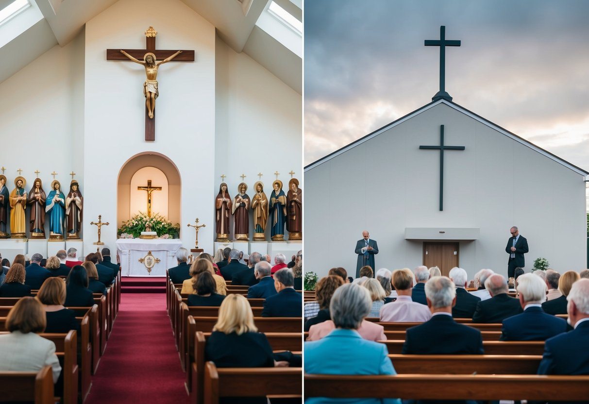 Uma igreja com um crucifixo e estátuas de santos para católicos, e um edifício simples e moderno com uma cruz para evangélicos. Ambos os grupos se reuniram em bancos separados, engajando-se em diferentes formas de adoração.