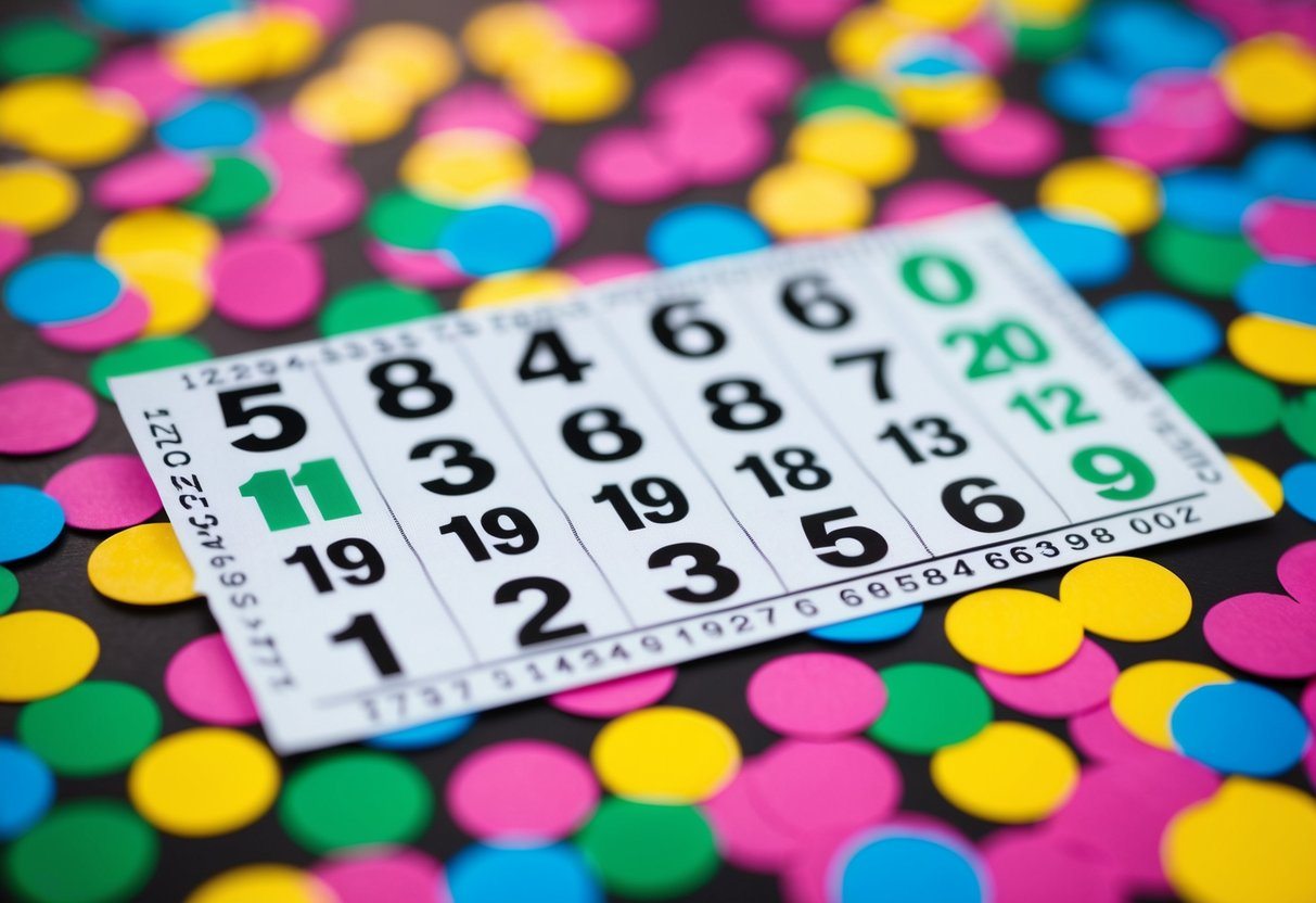 Um bilhete de loteria com 12 números marcados cercados por confete colorido e uma atmosfera de celebração