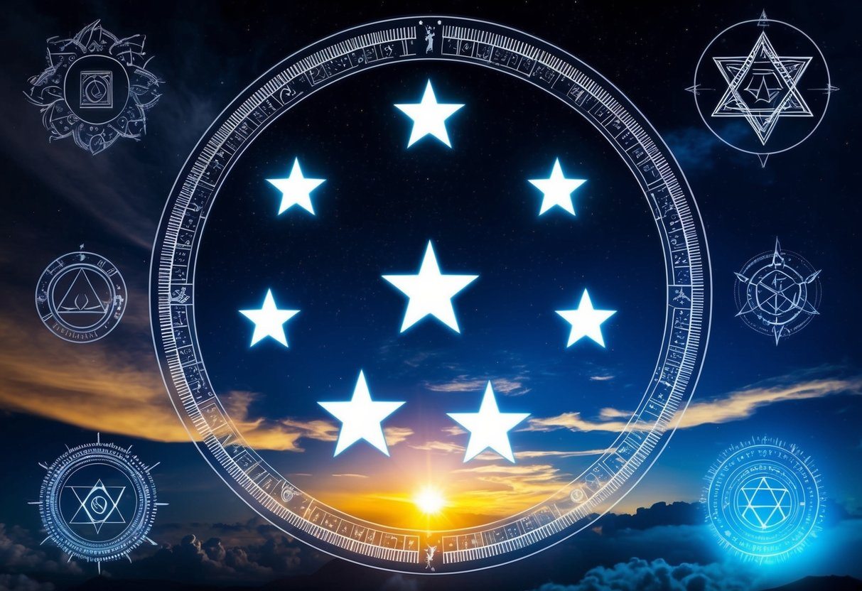 Uma cena mística com sete estrelas brilhando no céu noturno, cercadas por símbolos antigos e energia mística