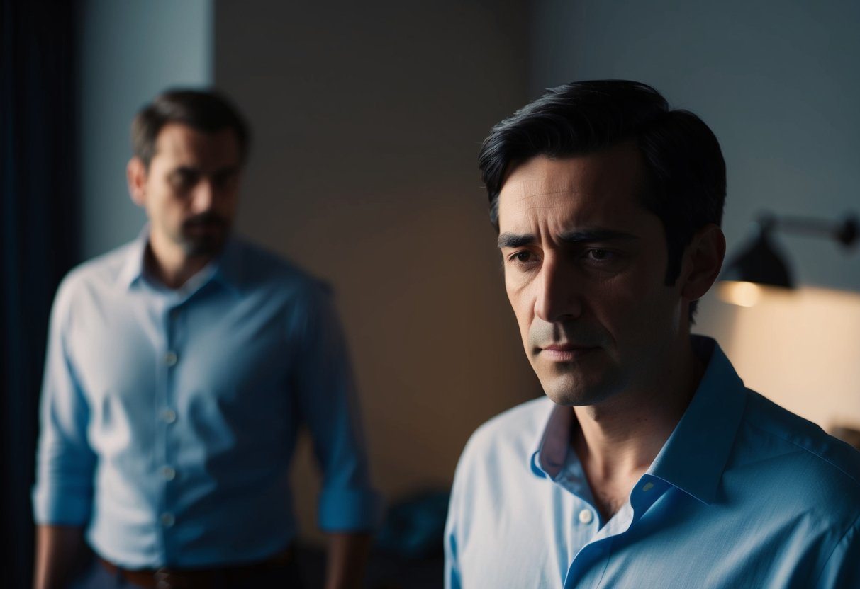 Uma ex faz uma careta quando o protagonista entra na sala, lançando uma sombra sobre seu rosto.