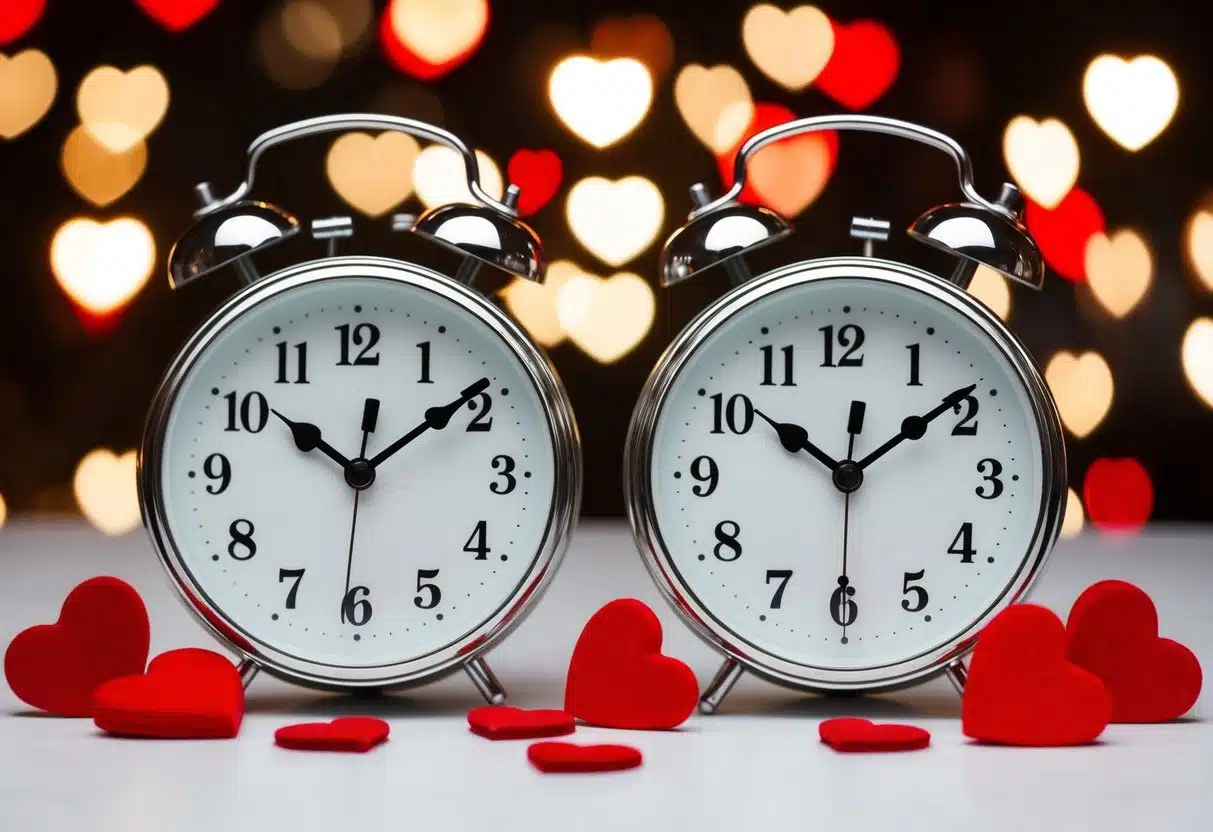 Dois relógios marcando 02:02, cercados por símbolos de amor e carinho