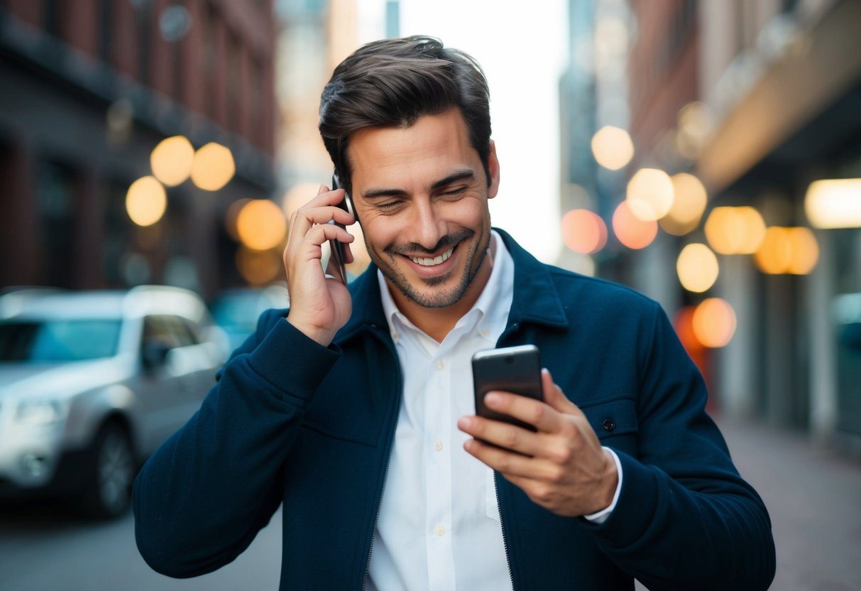 Um homem sorrindo enquanto ouve uma mensagem de voz no telefone.