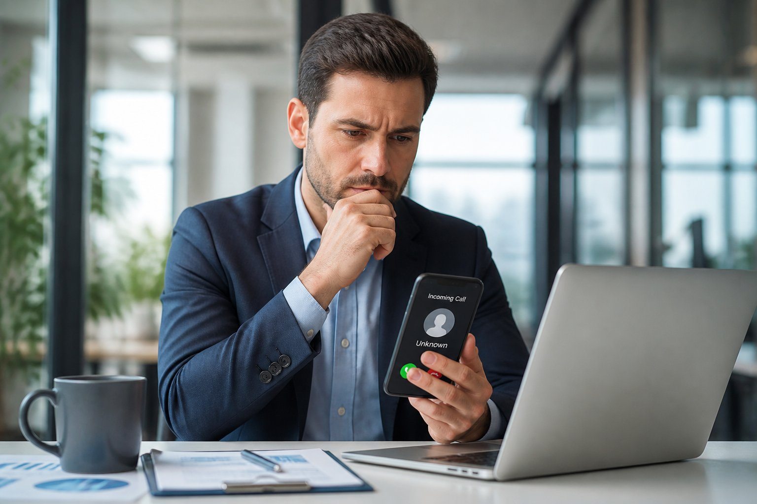 Pessoa olhando para um smartphone com uma chamada de número particular em um ambiente de escritório.